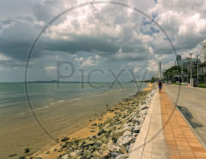 Jomtien,Thailand - October 16,2019:Beachroad This Is One Of The Main Roads Of The City.There Are Many Hotels,Shops And Restaurants.