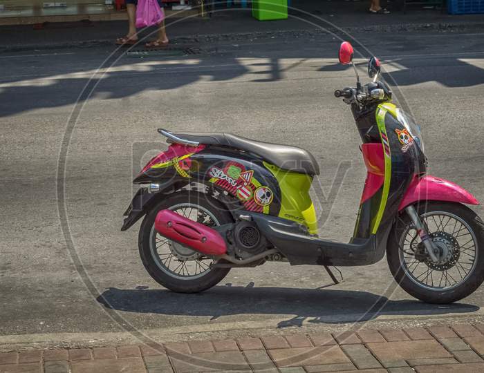 Pattaya,Thailand - April 15,2018: South Pattaya Road This Is A Colorful Designed Motorbike.Motorbikes Are A Popular Way Of Transportation Among Thai People.