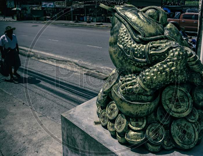 Pattaya,Thailand - October 21,2019:Second Road This Is A Big Sculpture Of Greedy,Ugly Frog,Which Is Only Interested In Making Money.