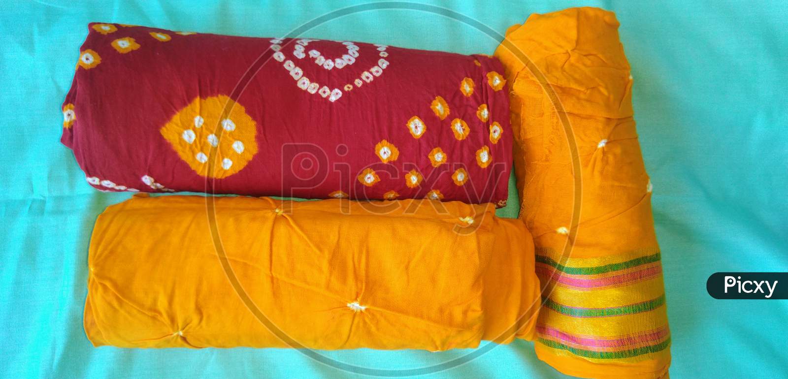 Bandhej dress material which is widely used as a female attire in Gujarat and Rajasthan in India.