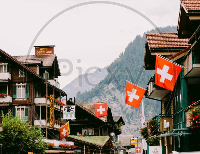 Swiss Mountain Village Street In Switzerland