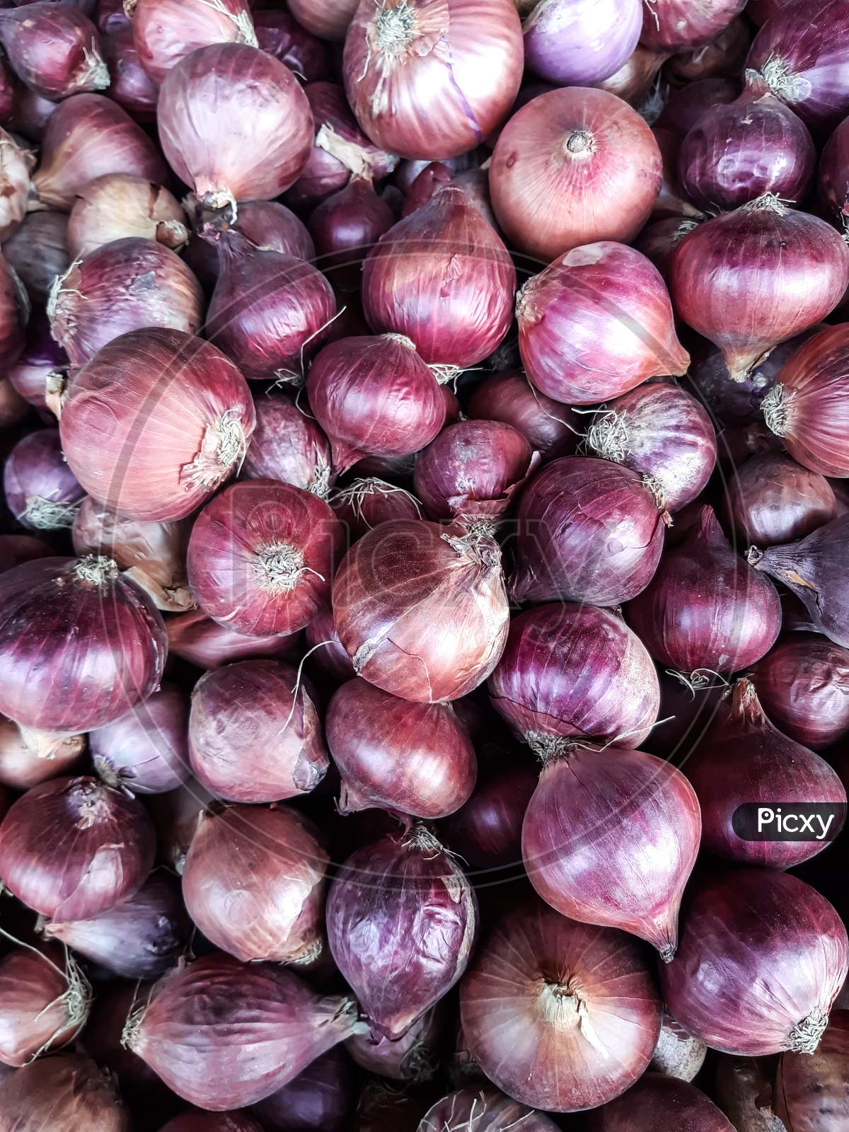 Many Shot Onions Are Placed In A Basket In Front Of The Store.