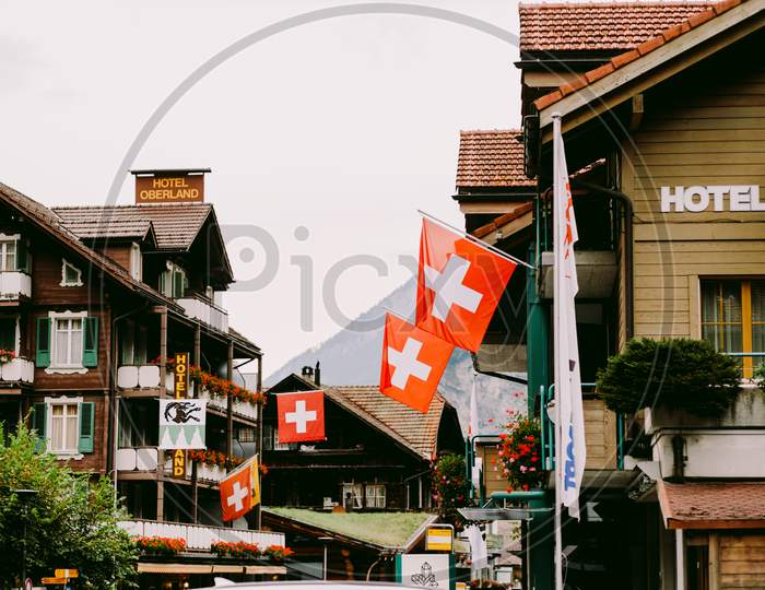 Swiss Mountain Village Street In Switzerland