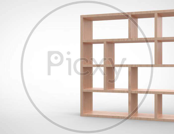 3D Render Of A Wooden Segmented Blank Book Shelf In White Background