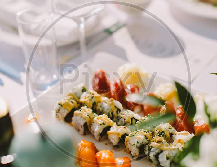 Sushi Rolls Served In Restaurant