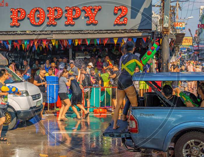 Pattaya,Thailand - April 18,2018: Beach Road People Celebrated Songkran On The Street,Wich Was Partly Closed For Traffic.Songkran Is The New Years Eve Of The Country.