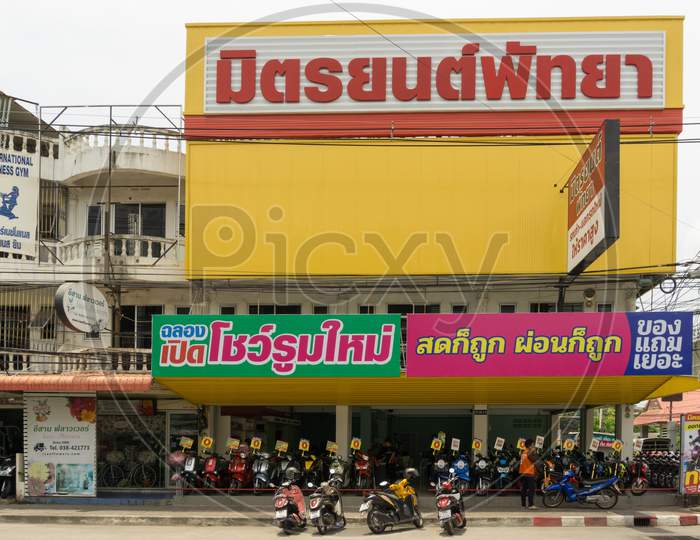 Pattaya,Thailand - April 17,2018: 3Rd Road This Is A Colorful Motorbike Shop.Motorbikes Are The Favorite Way Of Transportation In The Country,Because It'S Cheap.