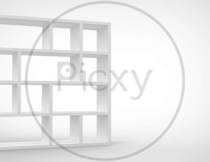 3D Render Of A White Segmented Blank Book Shelf In White Background