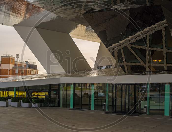 Stuttgart,Germany - March 14,2020:Neuwirtshaus This Is The Entrance Of Modern Porsche Museum,Which Was Closed Because Of The Corona Virus.