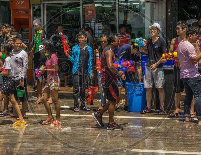 Pattaya,Thailand - April 13,2019:Beachroad Thai People And Tourists From Different Countries Were Celebrating Songkran Together.Songkran Is The New Years Eve Of Thailand.