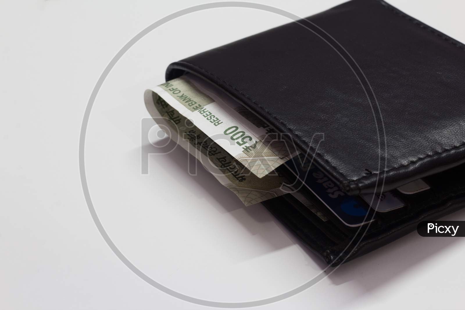 Black Wallet With Money Isolated On White Background With Space For Text