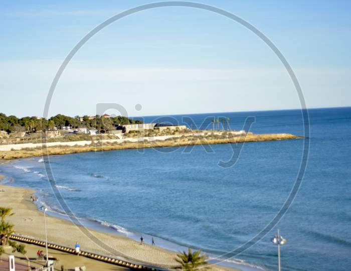 The view of the Tarragona beach in Spain.
