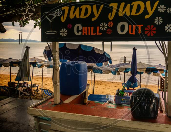 Jomtien,Thailand - October 16,2019:The Beach This Is Judy Judy,A Small Bar On The Long Beach Of The City.