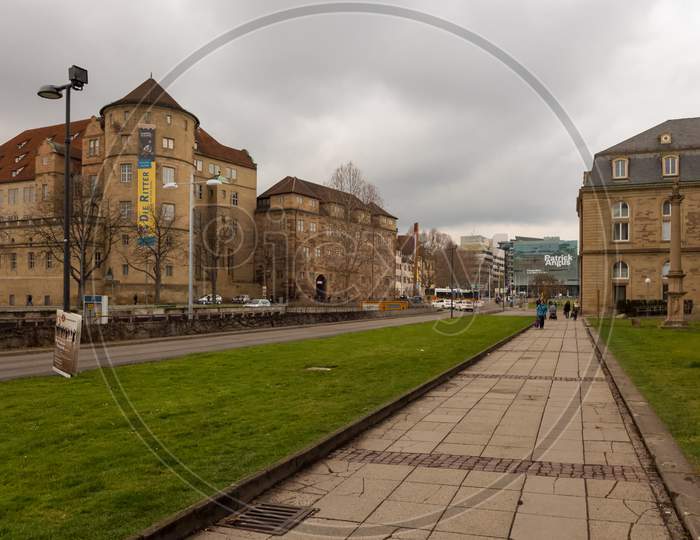 Stuttgart,Germany - March 23,2018: Richard-Von-Weizaecker-Planie On The Left Side Is The Old Castle And On The Right Side Is The New Castle.Both Buildings Are Near Koenigstrasse,A Shopping Mile.