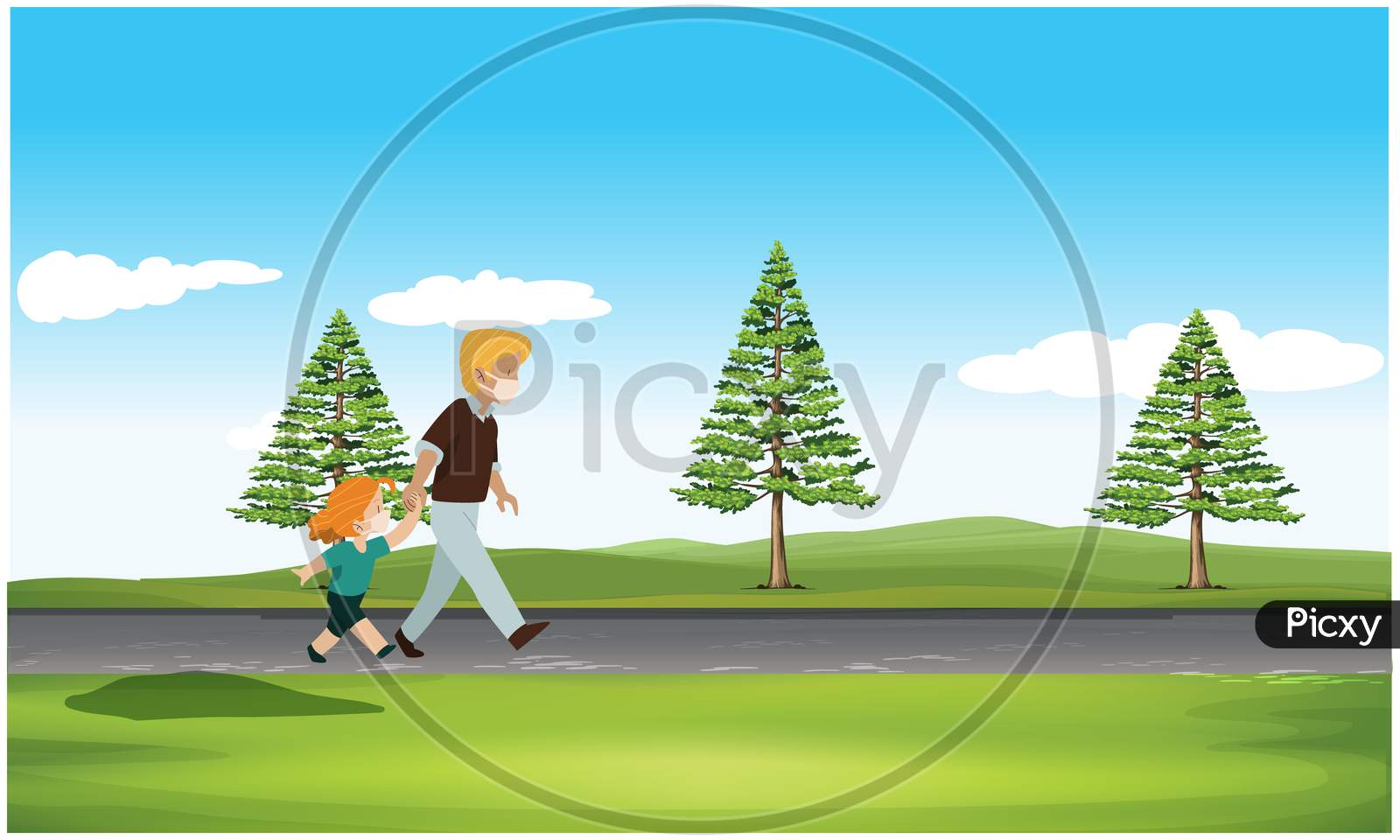 Man Walking With Her Daughter On The Road In The Garden