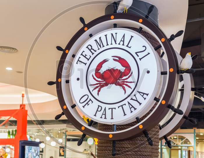 Pattaya,Thailand - October 19,2018:Terminal 21 This Is The Sign Of The Shopping Mall.Inside The Building Are Many Shops,Restaurants,A Supermarket And A Cinema.