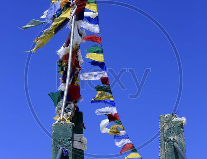 Tibetan prayer flags with Blue Sky in the Background