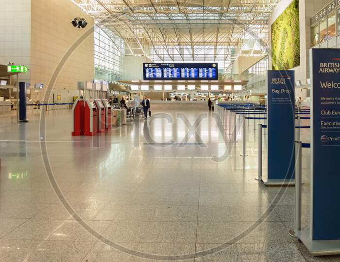 Frankfurt,Germany - October 10,2018:The Airport This Is Terminal 2,Where Many Flights To African Countries Starts.On The Right Side Is The Check-In Counter Of British Airways.