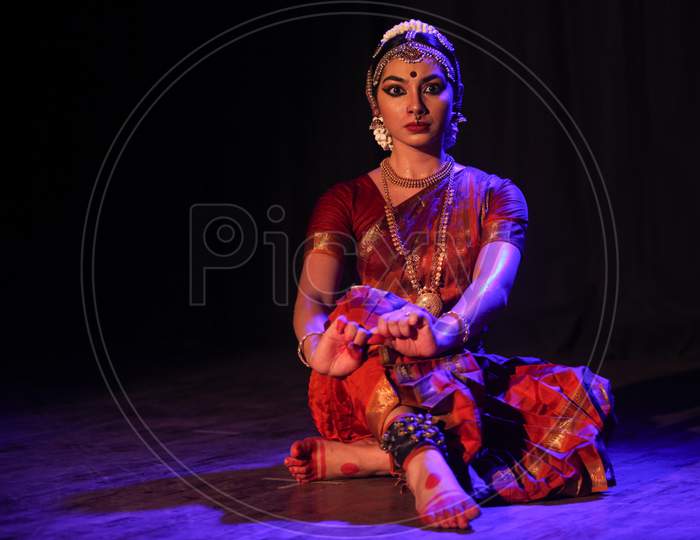 A young bharatnatyam dancer looks at Balrama at the Manamohana event on December 6,2018 at Sevasadan hall in Bengaluru,India  J