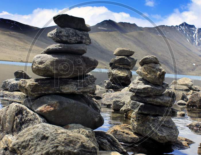Stone Pyramid with Gurudongmar Lake in the Background