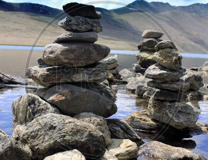 Stone Pyramid with Gurudongmar Lake in the Background