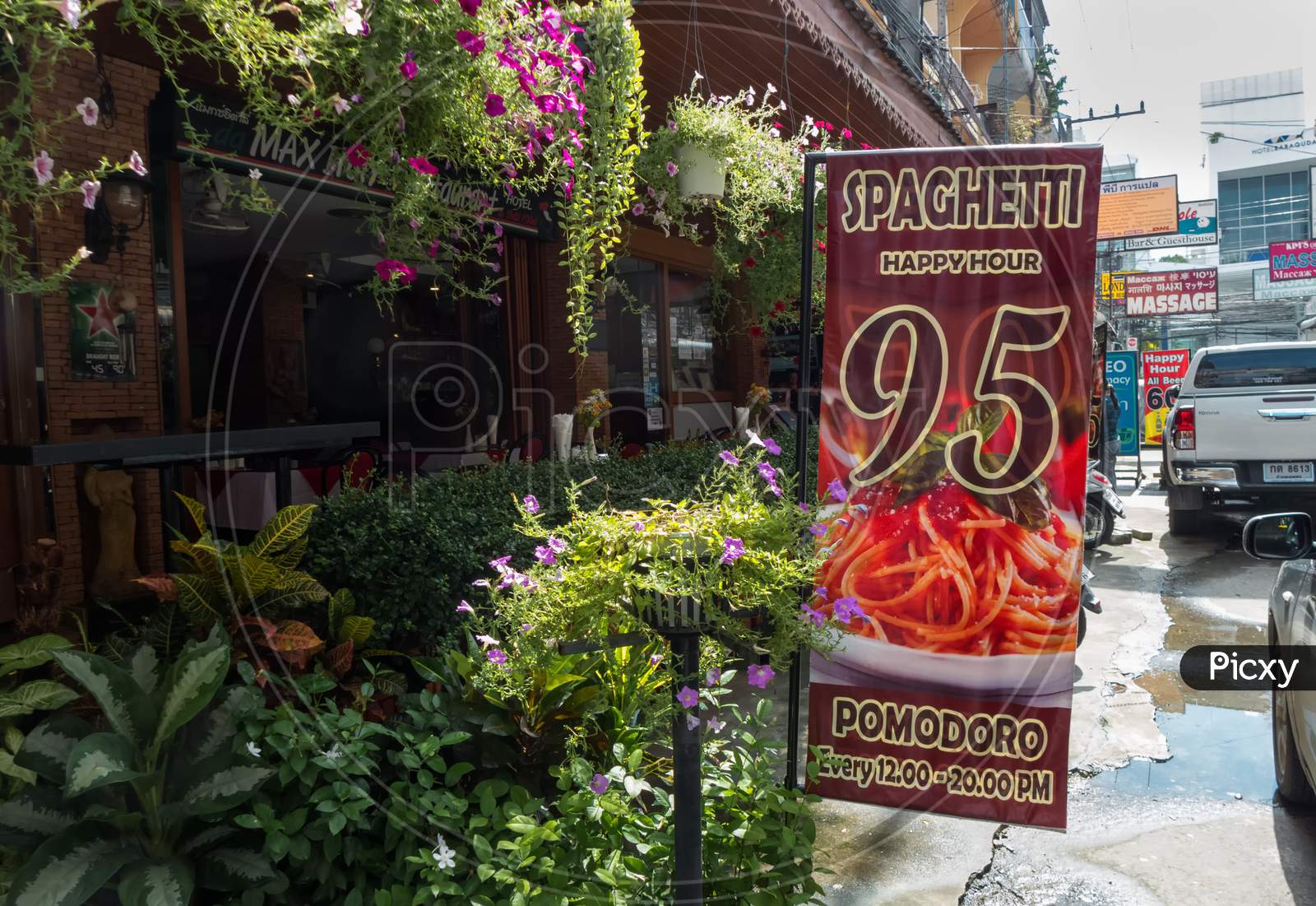 Pattaya,Thailand - October 25,2018:Soi 13/2 This Is A Promotion Sign In Front Of The Italian Restaurant Max,Where People Can Eat Pizza And Pasta.