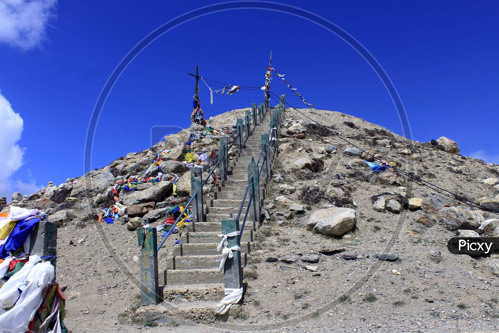 Steps near Gurudongmar Lake. The highest lakes in the world and in India