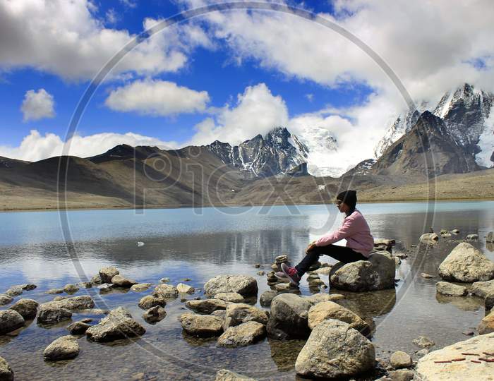 Gurudongmar Lake with Snow Capped Mountains in the Background