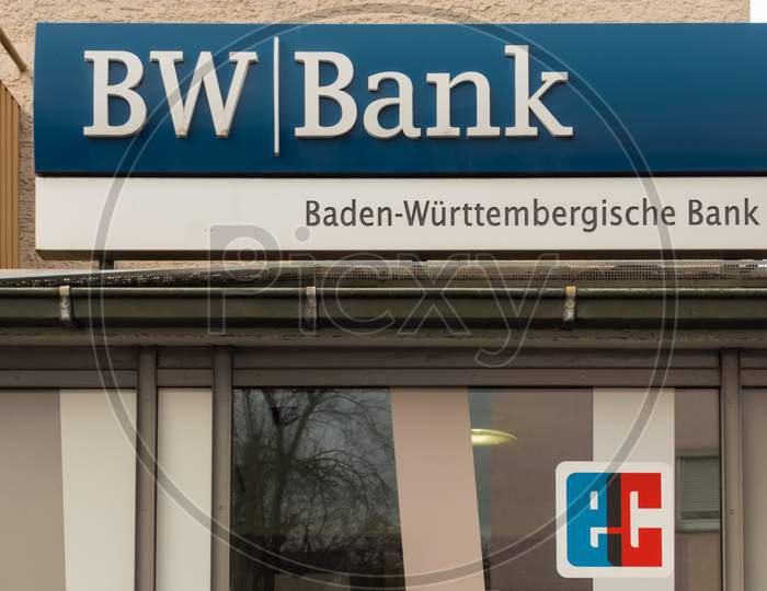 Boeblingen,Germany - January 21,2018: Berliner Strasse This Is A Self-Service Center Of The Baden-Wuerttembergische Bank.It'S A South German Bank,Which Offers Many Different Business Services.