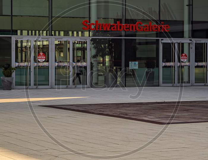 Stuttgart,Germany - April 08,2020:Vaihingen This Is One Of The Entrances Of The Modern Shopping Mall Schwaben Galerie.Most Of The Shops Were Closed Inside Through The Time Of The Corona Crisis.