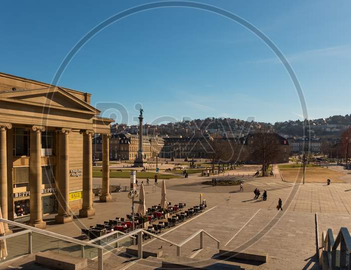 Stuttgart,Germany - February 24,2019:Schlossplatz On This Place Are The Koenigsbau,The New Castle And The Old Castle.It Is In The Centre Of The City,In The Middle Of Koenigstrasse,The Shopping Mile.