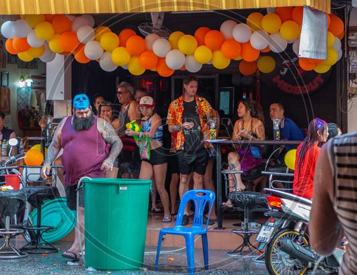 Pattaya,Thailand - April 13,2018: Soi 6 People Celebrated Songkran In Front Of The Bars With Water Games.Songkran Is The New Years Eve Of The Country.
