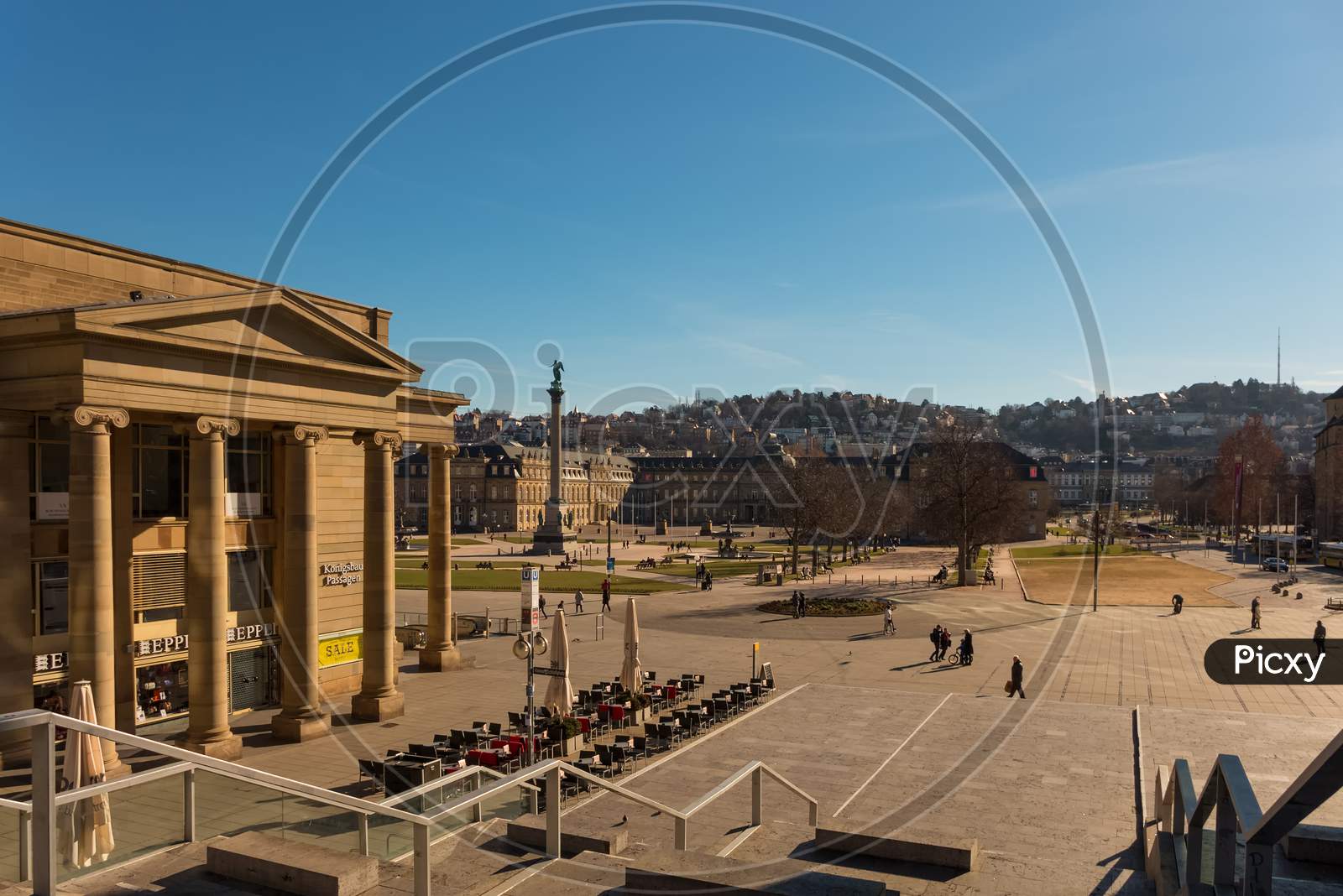 Stuttgart,Germany - February 24,2019:Schlossplatz On This Place Are The Koenigsbau,The New Castle And The Old Castle.It Is In The Centre Of The City,In The Middle Of Koenigstrasse,The Shopping Mile.