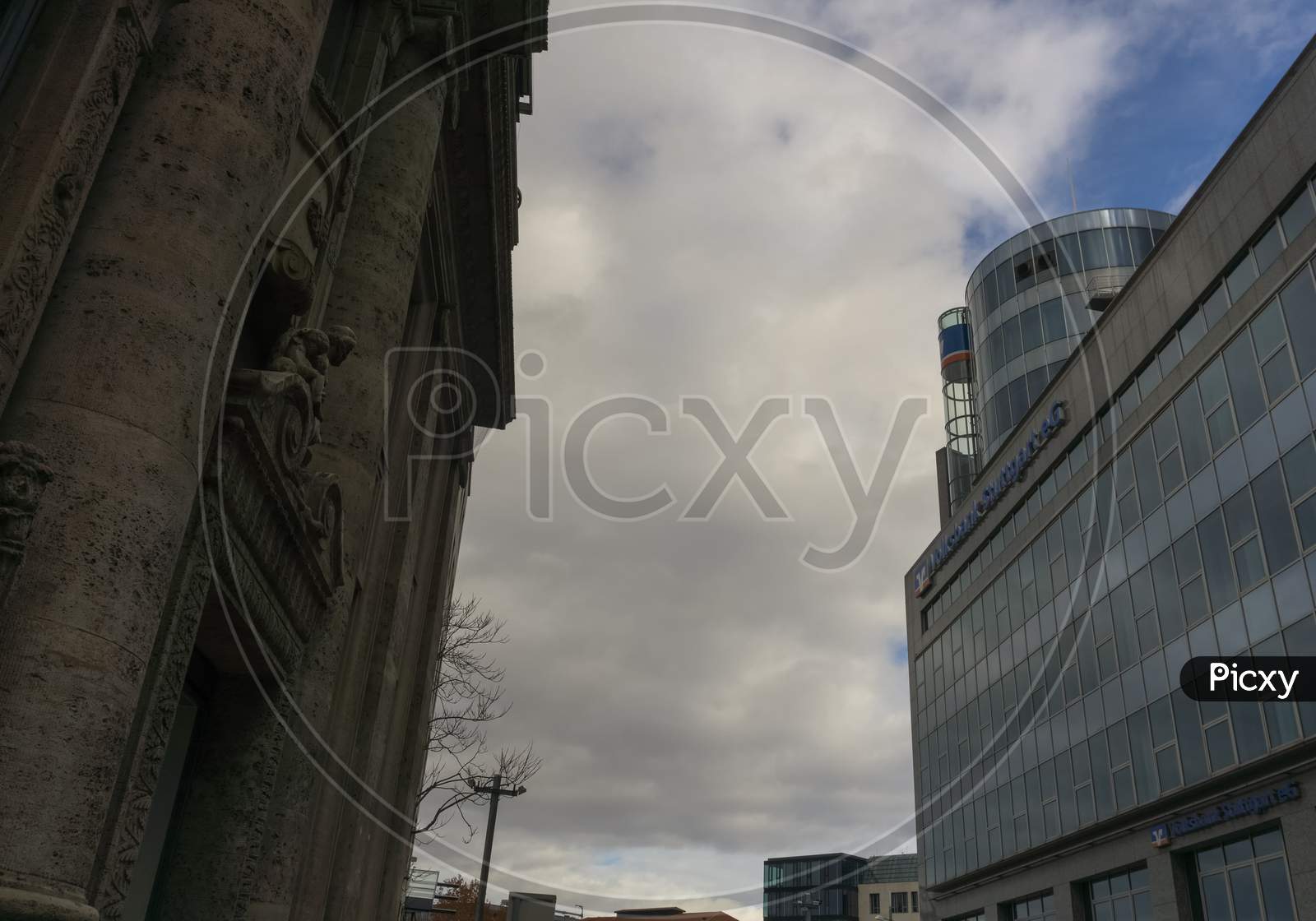 Stuttgart,Germany - January 27,2019: Boersenplatz This Is An Office Building Of Volksbank.At This Place In The Centre Of The City Are Some Banks,A Court And The Bourse.