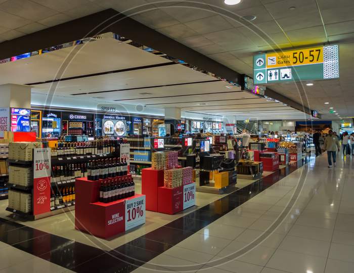Abu Dhabi,United Arab Emirates,April 11,2018: The Airport This Is The Duty Free Area Of Terminal 3,Where You Can Buy Alcohol,Cigarettes,Chocolat And Perfume.