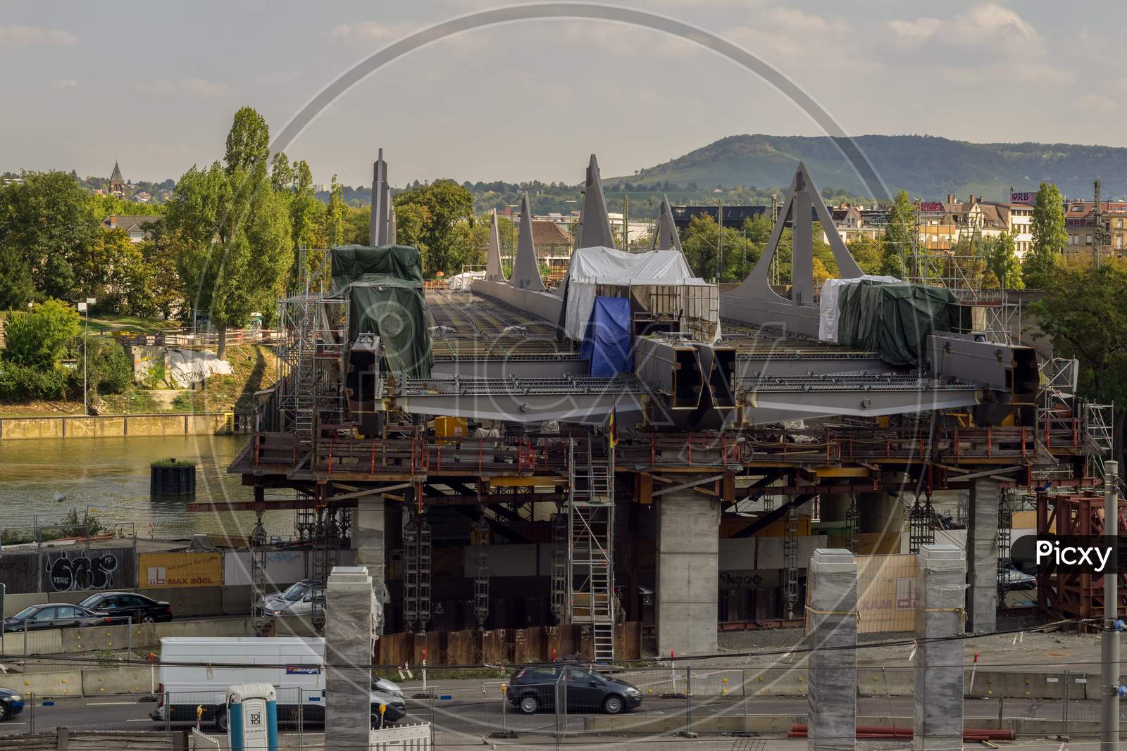 Stuttgart,Germany - September,15,2018: Bad Cannstatt Within The Infamous Project Stuttgart21 The City Is Building A New Bridge Across The Neckar,A Big River In South Germany.