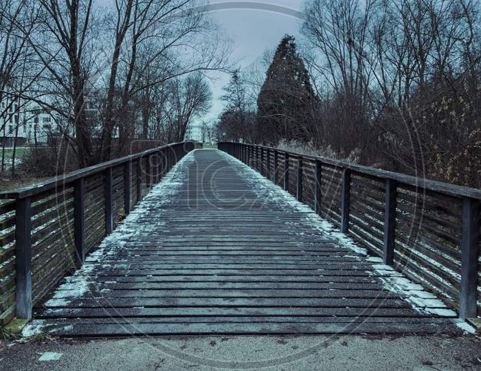A Wooden,Small Bridge On A Cold Winter Day