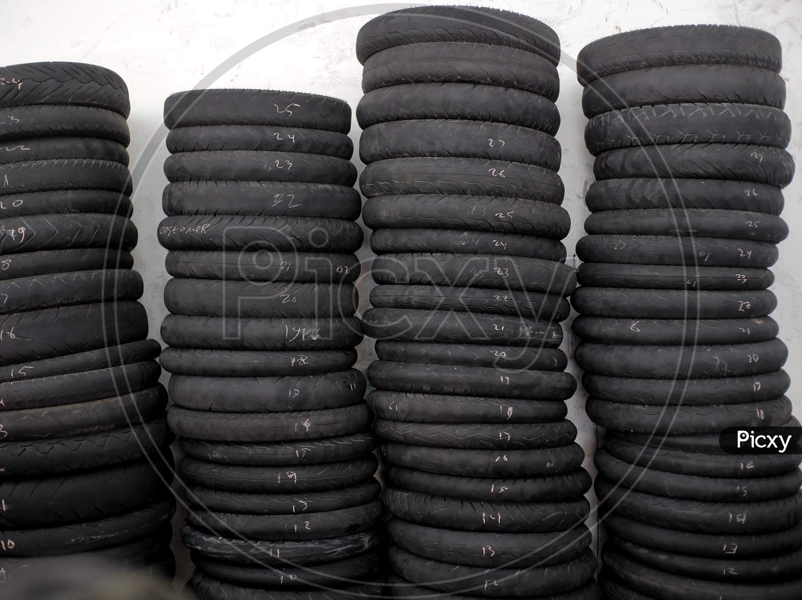 Pile of used motorcycle tires