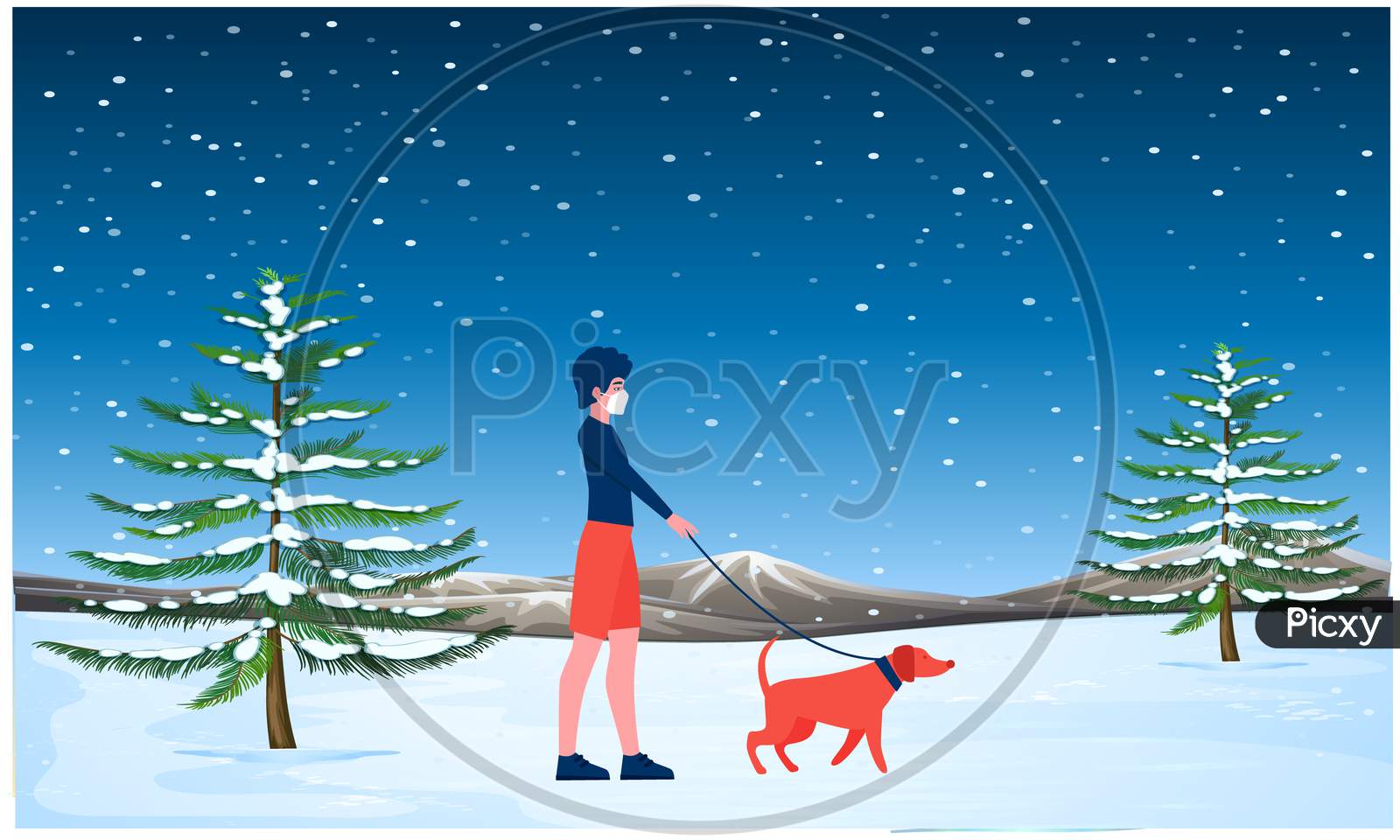 Girl Walking With Her Dog In A Snow