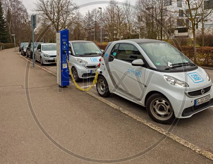 Stuttgart,Germany - January 14,2018: Vaihingen This Is A Charging Point Of The Car Hire Company Car2Go In Vollmoellerstrasse,Not Far Away From The Train Station.