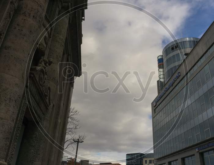 Stuttgart,Germany - January 27,2019: Boersenplatz This Is An Office Building Of Volksbank.At This Place In The Centre Of The City Are Some Banks,A Court And The Bourse.