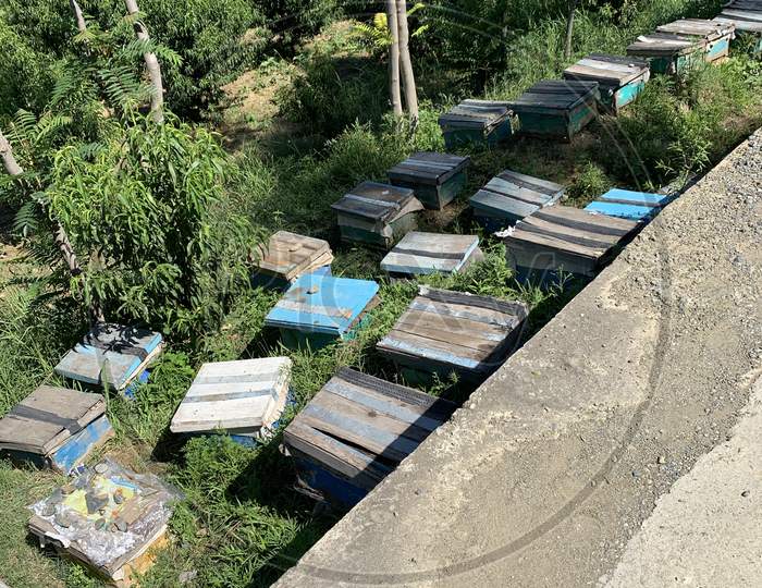 Boxes For Honey Bees Near The Road In Northern Pakistan