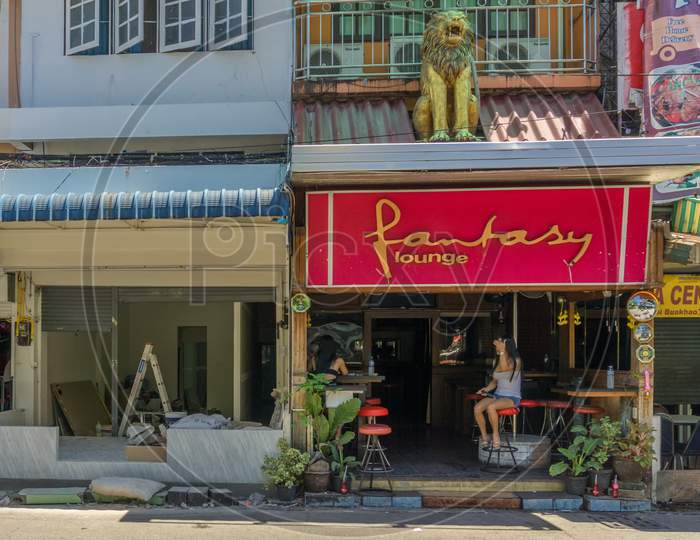 Pattaya,Thailand - October 18,2018: Soi Buakhaow This Is The Fantasy Lounge,Which Is A Nightlife Bar For People Who Wants To Drink,Play Billard And Have Fun Which The Transgender Staff,Who Is Called Ladyboys.