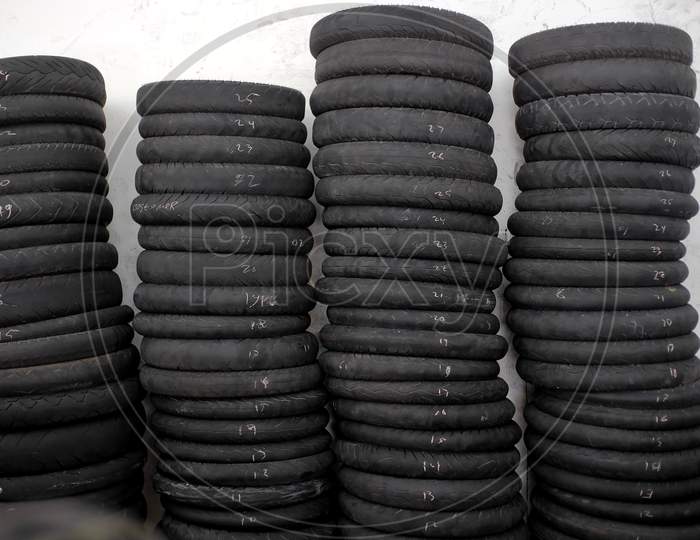 Pile of used motorcycle tires