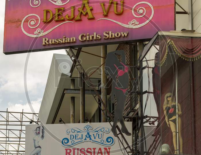 Pattaya,Thailand - October 15,2018: Walking Street Deja Vu Is A Russian Club For Adult Nightlife Entertainment.Walking Street Is Popular For Etablisements Like That.