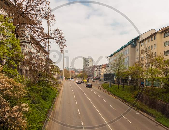 Stuttgart,Germany - April 06,2019:Hauptstaetter Strasse This Is The View To This Old,Long Mainstreet From Oesterreichischer Platz.This Is The Direction To Charlottenplatz.