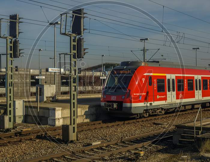 Herrenberg,Germany - February 23,2019:Train Station This Is The Modern Train S1 Of Deutsche Bahn,Which Runs From Herrenberg Through Stuttgart To Kirchheim.