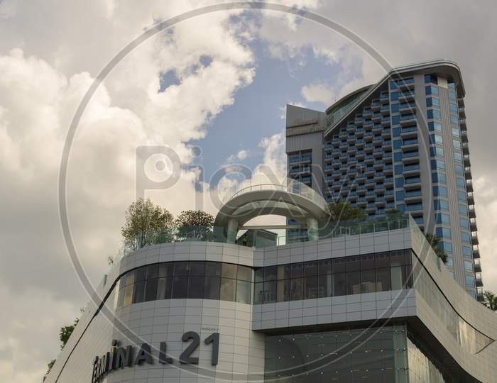 Pattaya,Thailand - October 12,2018: Terminal 21 This Is The Big,New Mall In Second Road Before The Opening Seven Days Later. It Contains Many Shops.The Building Behind Is The Grande Centre Point Hotel.