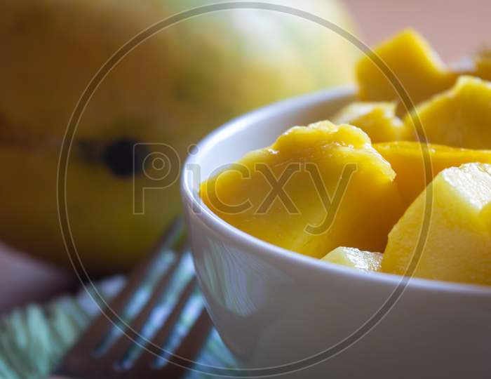 Imam Pasad Mango(Considered King Of Mangoes) Cut Into Cube Shape. Tasty Himam Pasand Mangoes Sliced.