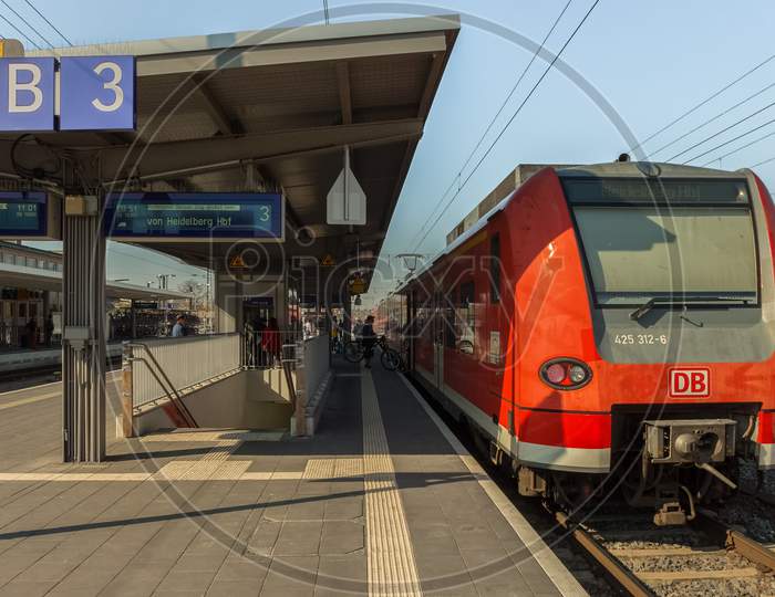 Heilbronn,Germany - March 30,2019:Main Station This Is An Outdoor Platform And A Train Stops.This Line Rides Regulary Between Heilbronn And Heidelberg.